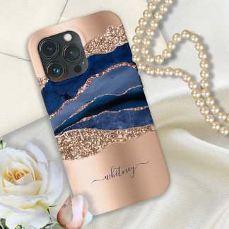 Funda Para iPhone 13 Pro Royal Blue Rosa Gold Liquid Ink Marble Elegante