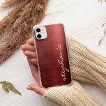 Funda Para iPhone 11 Ruby Red Faux Brushed Metalizado<br><div class="desc">Este moderno estuche de teléfono cuenta con un fondo de Relieve metalizado metalizado rojo rubí. Personalízalo con tu nombre en un guión de pincel de estilo manuscrito blanco.</div>