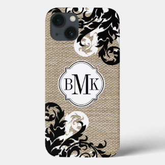 Funda Para iPhone 13 Rústica Burlap look y floreciente Monograma