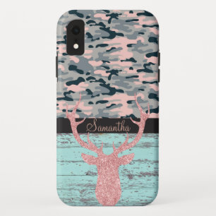 Funda Para iPhone XR Rústica madera turquesa rosa Antler Camo