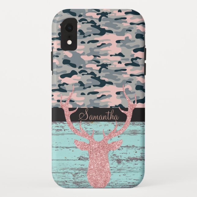 Funda De Case-Mate Para iPhone Rústica madera turquesa rosa Antler Camo (Reverso)