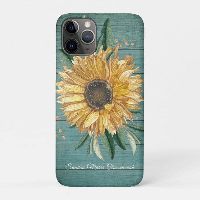 Funda De Case-Mate Para iPhone Rústico País Dorado Sunflower Madera Verde (Reverso)