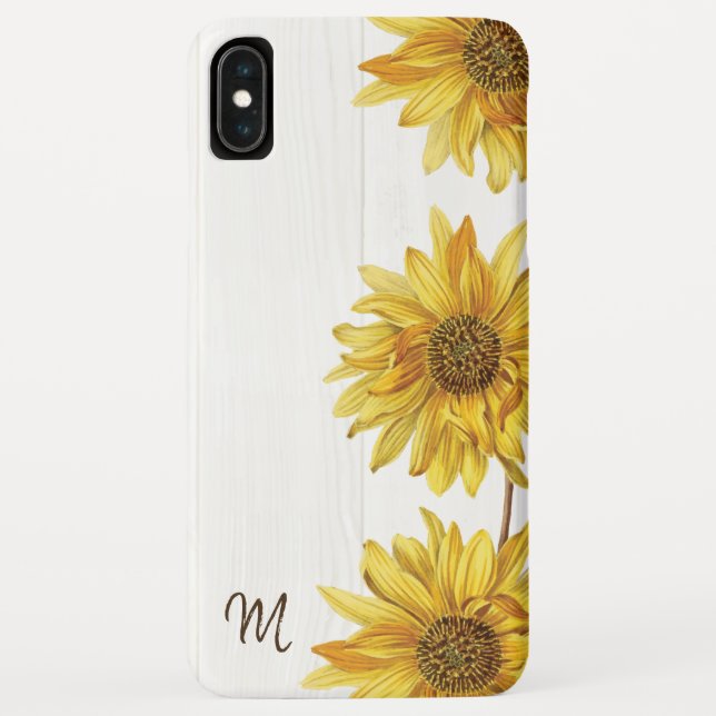 Funda De Case-Mate Para iPhone Rústico País Madera Blanca con Sunflowers Monogram (Reverso)
