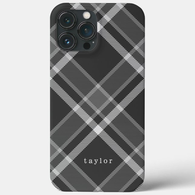 Funda De Case-Mate Para iPhone Rústico Tartán negro y gris con nombre (Reverso )