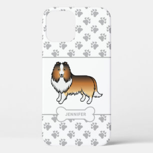 Funda Para iPhone 12 Sable Sheltie con patas, hueso de perro y nombre