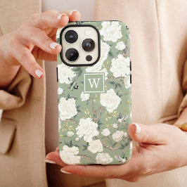 Funda Para iPhone 13 Sage Green Chinoiserie Bird Peony Garden Monograma