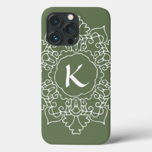 Funda Para iPhone 13 Pro Sage Green Mandala Monograma Personalizado simple