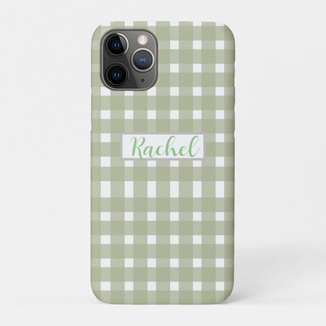 Funda De Case-Mate Para iPhone Sage Green White Gingham Personalizado (Reverso)