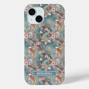 Funda Para iPhone 15 Sakura Japonesa Monograma con Estampado de Pez Koi