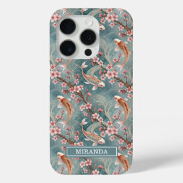 Funda Para iPhone 15 Pro Sakura Japonesa Monograma con Estampado de Pez Koi