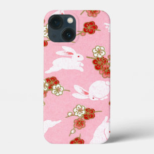 Funda Para iPhone 13 Mini Sakuras rosadas de arte japonés y conejos
