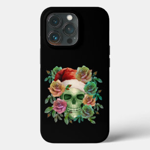 FUNDA PARA iPhone 13 PRO SANTA DIVERTIDO CALAVERA VERDE Y FLORAL DE NAVIDAD