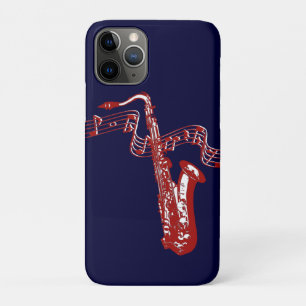 Funda Para iPhone 11 Pro Saxofón rojo y notas sobre fondo azul
