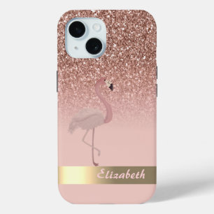 Funda Para iPhone 15 Secuencia de Purpurinas Flamingo Rosado Moderno