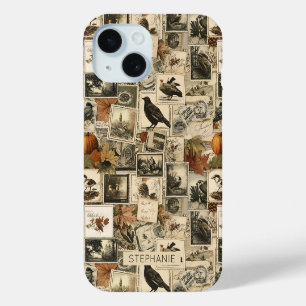 Funda Para iPhone 15 Sellos Antiguos de Otoño Rústico Pájaros Calabazas
