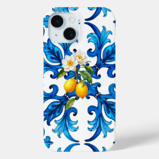 Funda Para iPhone 15 siciliano, verano, limón, mosaico, azul,