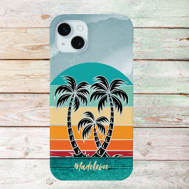 Funda Para iPhone 15 Mini Silhouette Beach Sunset Monograma de la Palm Tree 