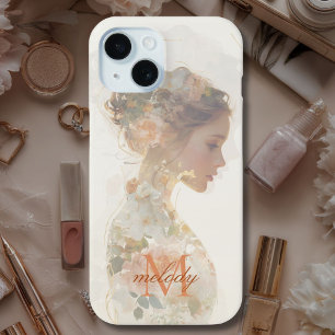 Funda Para iPhone 15 Silhouette Personalizado Romántica Floral Monogram