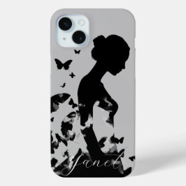 Funda Para iPhone 15 Mini Silueta de bailarina y mariposas Negro/Gris Nombre