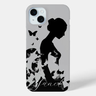 Funda Para iPhone 15 Mini Silueta de bailarina y mariposas Negro/Gris Nombre