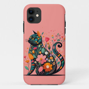 Funda Para iPhone 11 Silueta de gato negro hecha de flores de colores