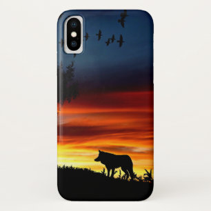 Funda Para iPhone X Silueta negra de lobo, pájaros y árboles al atarde