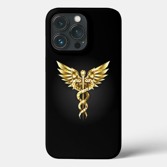 Funda De Case-Mate Para iPhone Símbolo Caduceo Poligonal Dorado (Reverso )