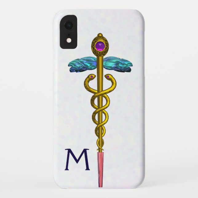Funda De Case-Mate Para iPhone SÍMBOLO MÉDICO CADUCEO DE ORO Monograma blanco (Reverso)