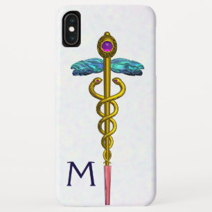 Funda Para iPhone XS Max SÍMBOLO MÉDICO CADUCEO DE ORO Monograma blanco
