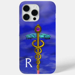 Funda Para iPhone 15 Pro Max SÍMBOLO MÉDICO CADUCEO DE ORO Monograma de cielo a