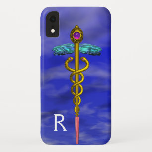 Funda Para iPhone XR SÍMBOLO MÉDICO CADUCEO DE ORO Monograma de cielo a