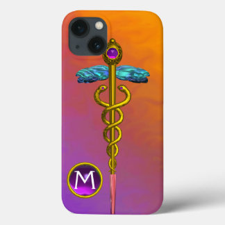 Funda Para iPhone 13 SÍMBOLO MÉDICO CADUCEO DE ORO Monograma Gema púrpu