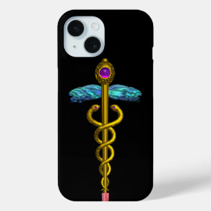 Funda Para iPhone 15 SÍMBOLO MÉDICO CADUCEO DE ORO, Negro