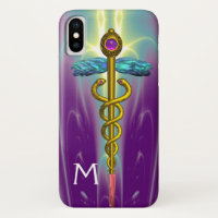 SÍMBOLO MÉDICO CADUCEUS DE ORO Monograma Púrpura V