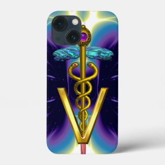Funda Para iPhone 13 Mini SÍMBOLO VETERINARIO CADUCEUS DE ORO / Azul Púrpura
