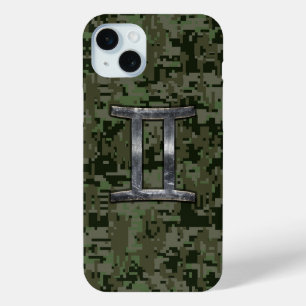 Funda Para iPhone 15 Mini Símbolo zodiaco de Gemini sobre el camuflaje digit