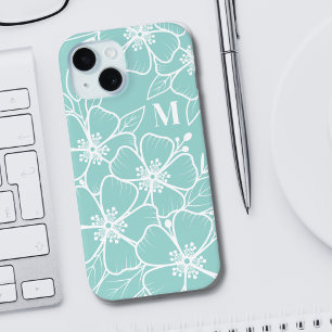 Funda Para iPhone 15 Simple Monograma Inicial Floral Azul Turquesa