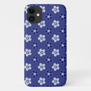 Funda Para iPhone 11 simple patrón azul sólido floral retro pequeño flo
