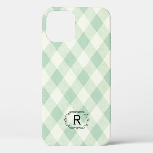 Funda De Case-Mate Para iPhone Single Monogram Framed on Mint and Green Gingham (Reverso )