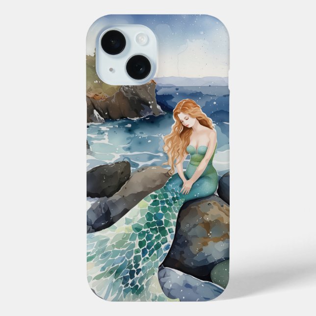 Funda De Case-Mate Para iPhone Sirena De Acuarela Sobre Las Rocas Del Océano (Reverso )
