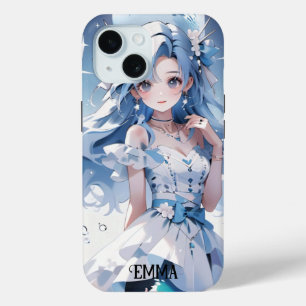 Funda Para iPhone 15 Sirenita con el pelo azul en un nombre personaliza