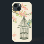 Funda Para iPhone 13 Small Birds Perched on a Branch and on a Birdcage<br><div class="desc">Nancy Slocum's have painted many birds throughout the years. This image portrays two small blue and yellow birds perched on a branch surrounded by pink flowers and looking curious about a birdcage. Get this cool bird-themed art piece on your Zazzle product today.</div>