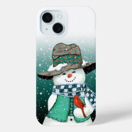 Funda Para iPhone 15 Snowman sonriente, cardenal en una tormenta de nie