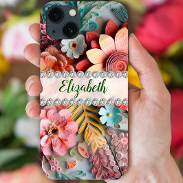 Funda Para iPhone 13 Sofisticado arreglo de flores en 3D y diamantes