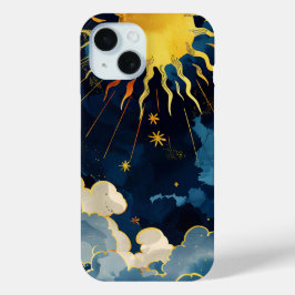Funda Para iPhone 15 Sol Celeste Moderno Estrellas y Nubes Azules