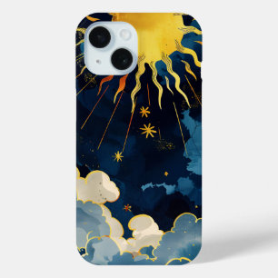 Funda Para iPhone 15 Sol Celeste Moderno Estrellas y Nubes Azules