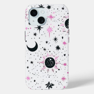 Funda Para iPhone 15 Sol Luna Estrellas Celestiales Negro y Rosa
