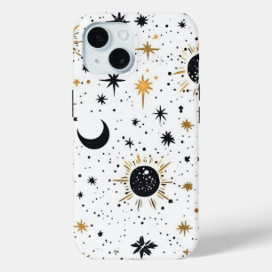 Funda Para iPhone 15 Sol Luna y Estrellas Celestiales Negras y Doradas