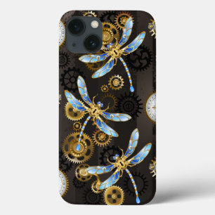 Funda Para iPhone 13 Steampunk Dragonflies on brown striped background