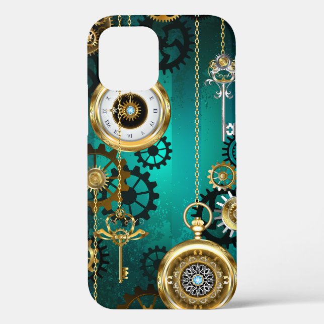 Funda De Case-Mate Para iPhone Steampunk Jewelry Watch sobre un fondo verde (Reverso )